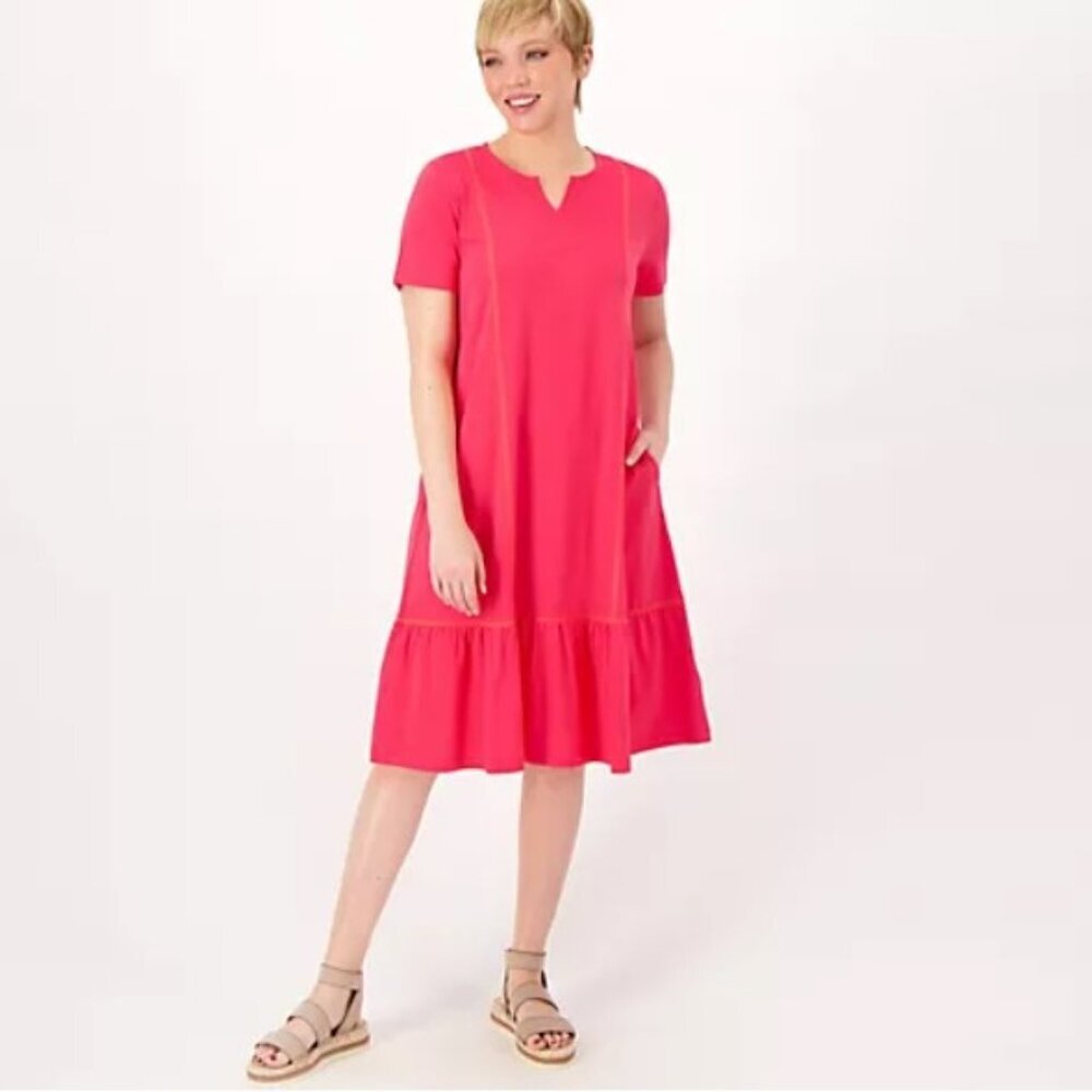 LOGO by Lori Goldstein Regular Cotton Modal Split Neck Dress Teaberry A587742